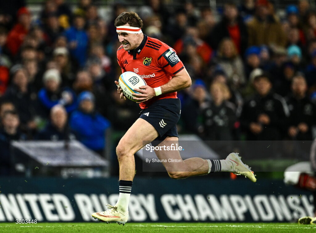 24 October 2026; Shane Daly of Munster during the United Rugby Championship match between Leinster and Munster at the Aviva Stadium in Dublin. Photo by Shauna Clinton/Sportsfile