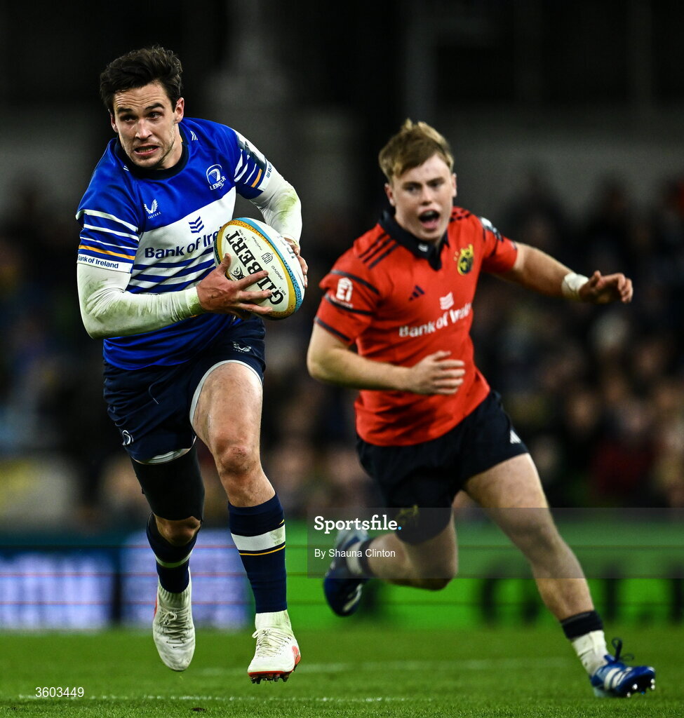 24 October 2026; Joey Carbery of Leinster makes a break during the United Rugby Championship match between Leinster and Munster at the Aviva Stadium in Dublin. Photo by Shauna Clinton/Sportsfile