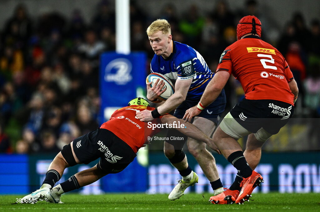 24 October 2026; Jamie Osborne of Leinster is tackled by Alex Kendellen of Munster during the United Rugby Championship match between Leinster and Munster at the Aviva Stadium in Dublin. Photo by Shauna Clinton/Sportsfile