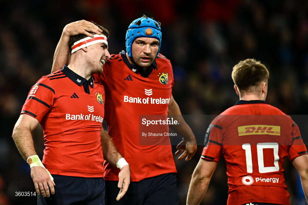 24 October 2026; Shane Daly of Munster, left, is congratulated by team-mate Tadhg Beirne after scoring his side's first try during the United Rugby Championship match between Leinster and Munster at the Aviva Stadium in Dublin. Photo by Shauna Clinton/Sportsfile