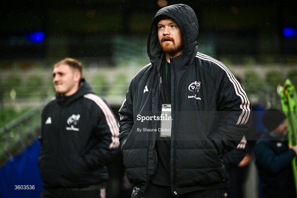 24 October 2026; Max Clein, left, and Ronan Foxe of Munster before the United Rugby Championship match between Leinster and Munster at the Aviva Stadium in Dublin. Photo by Shauna Clinton/Sportsfile