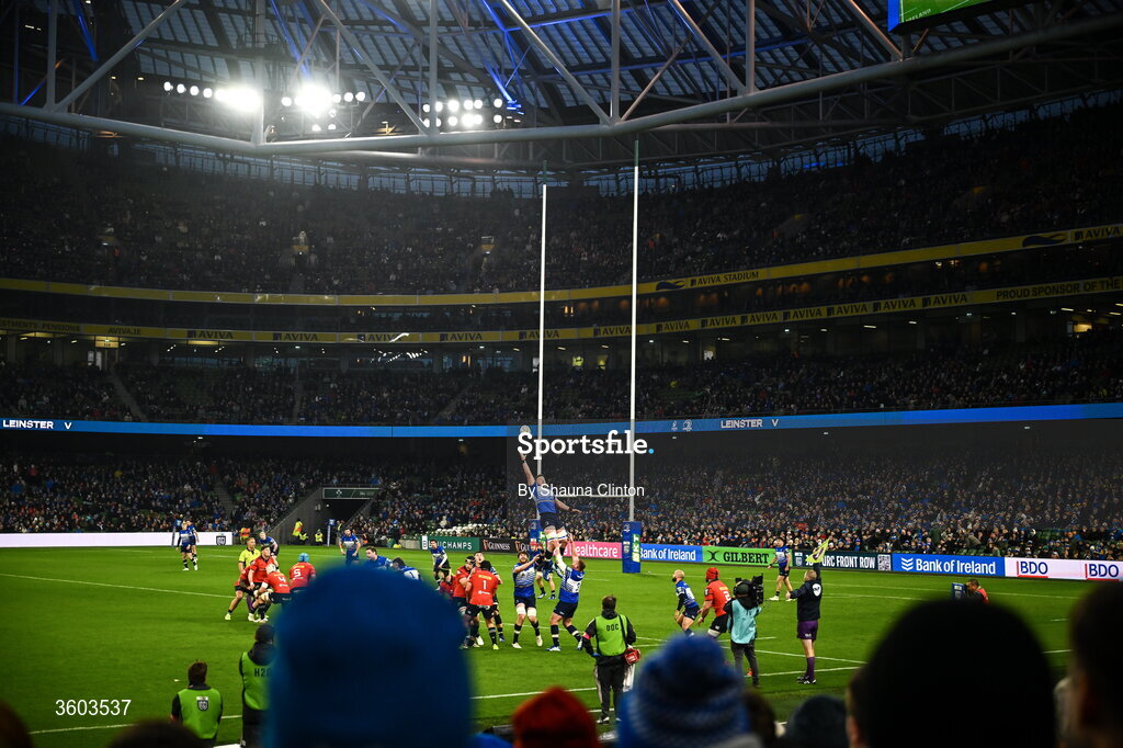 24 October 2026; A general view of action during the United Rugby Championship match between Leinster and Munster at the Aviva Stadium in Dublin. Photo by Shauna Clinton/Sportsfile