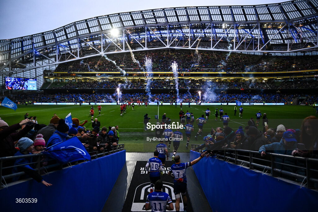 24 October 2026; Leinster players run out onto the pitch before the United Rugby Championship match between Leinster and Munster at the Aviva Stadium in Dublin. Photo by Shauna Clinton/Sportsfile