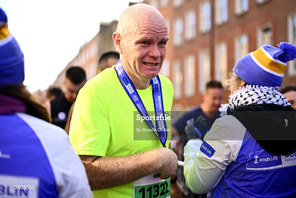 25 October 2026; Derek Lavelle after the 2026 Irish Life Dublin Marathon. Photo by Shauna Clinton/Sportsfile