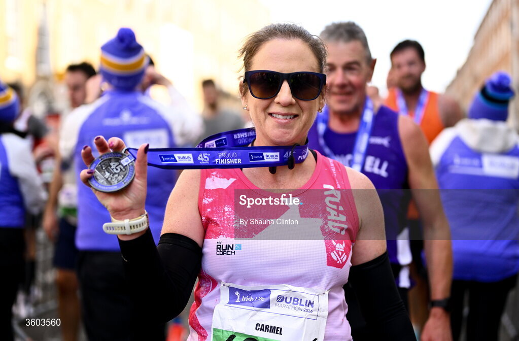 25 October 2026; Carmel Mc Hugh after the 2026 Irish Life Dublin Marathon. Photo by Shauna Clinton/Sportsfile