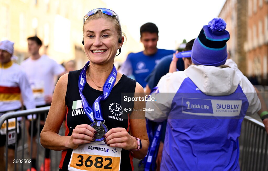 25 October 2026; Donnamarie Ryan after the 2026 Irish Life Dublin Marathon. Photo by Shauna Clinton/Sportsfile