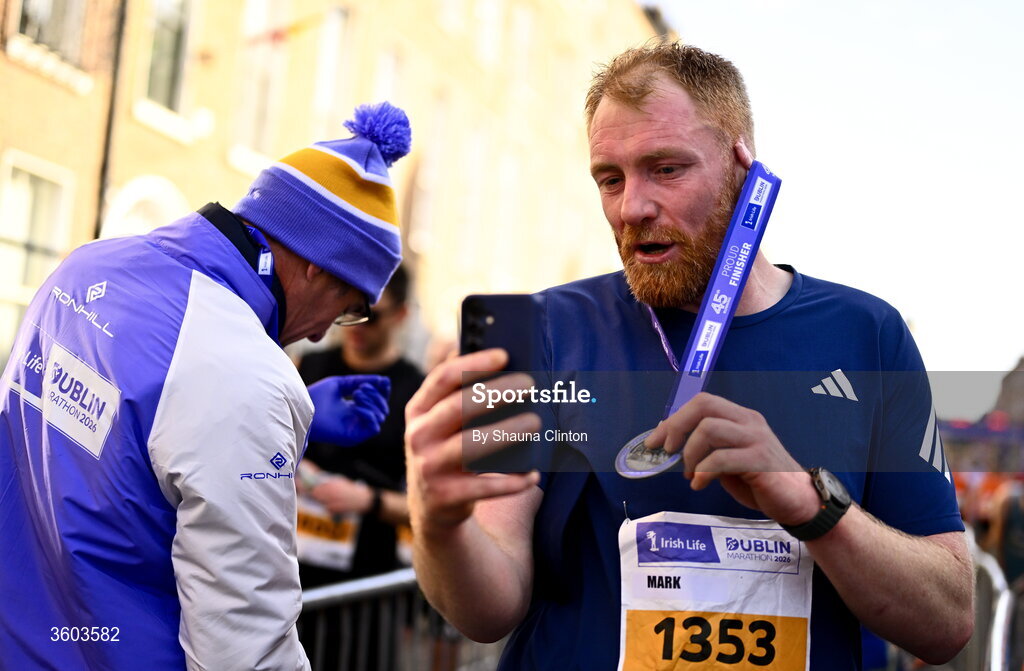 25 October 2026; Mark Byrne after the 2026 Irish Life Dublin Marathon. Photo by Shauna Clinton/Sportsfile
