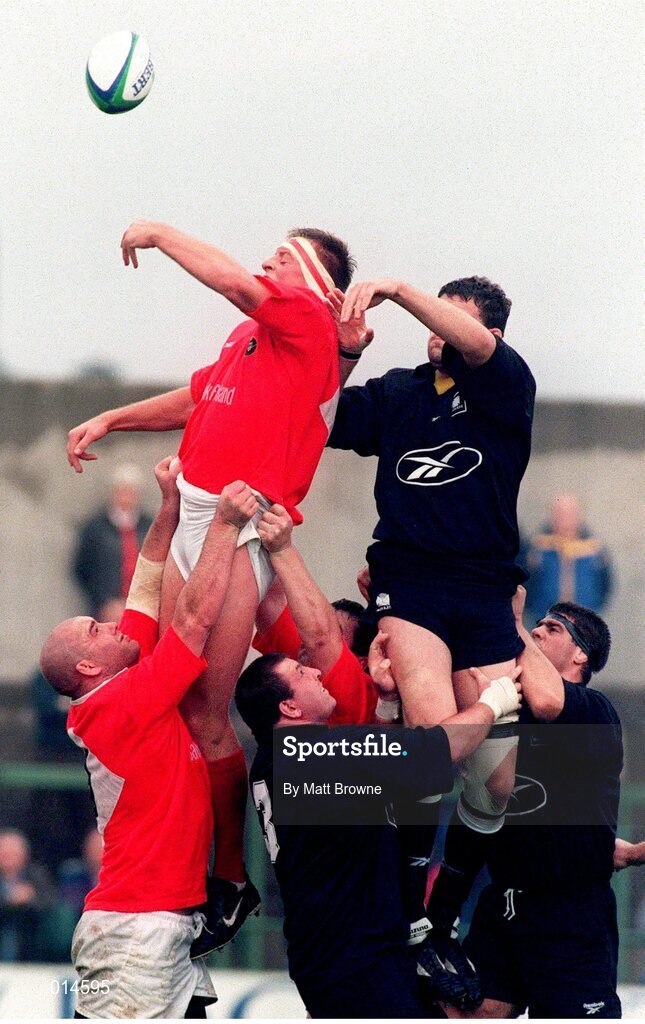 26 September 1998; Mick O'Driscoll, Munster, wins possession in the line-out against Adam Jackson, Neath. European Rugby Cup, Munster v Neath, Musgrave Park, Cork. Picture credit: Matt Browne / SPORTSFILE