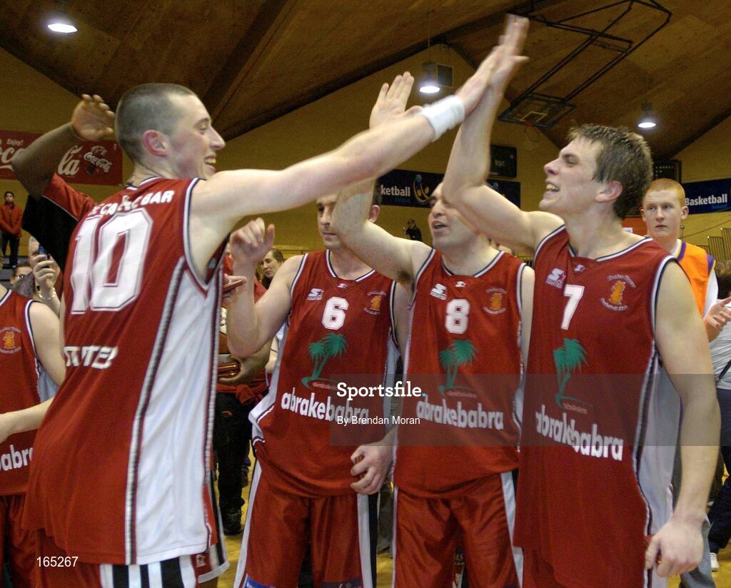 30 January 2005; Abrakebabra Tigers players Kieran Donaghy (10) and Chris Craig high five after victory over Roma St Vincent's. National Cup, Senior Men's Final, Abrakebabra Tigers, Tralee v Roma St Vincent's, ESB Arena, Tallaght, Dublin. Picture credit; Brendan Moran / SPORTSFILE