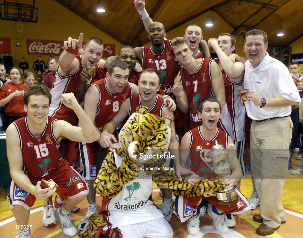 30 January 2005; The Abrakebabra Tigers players celebrate after victory over Roma St Vincent's. National Cup, Senior Men's Final, Abrakebabra Tigers, Tralee v Roma St Vincent's, ESB Arena, Tallaght, Dublin. Picture credit; Brendan Moran / SPORTSFILE