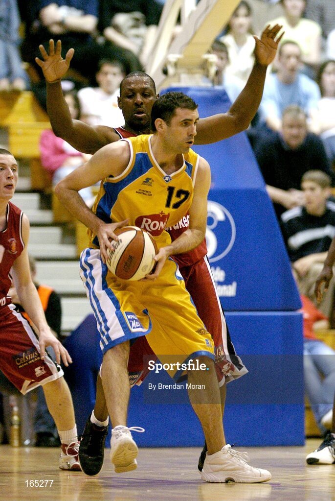 30 January 2005; Stephen McGurk, Roma St Vincent's, in action against Roscoe Patterson, Abrakebabra Tigers, Tralee. National Cup, Senior Men's Final, Abrakebabra Tigers, Tralee v Roma St Vincent's, ESB Arena, Tallaght, Dublin. Picture credit; Brendan Moran / SPORTSFILE