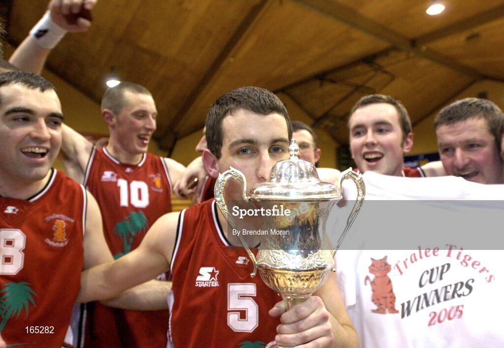 30 January 2005; Abrakebabra Tigers co-captain Kevin O'Donoghue kisses the cup after the game. National Cup, Senior Men's Final, Abrakebabra Tigers, Tralee v Roma St Vincent's, ESB Arena, Tallaght, Dublin. Picture credit; Brendan Moran / SPORTSFILE
