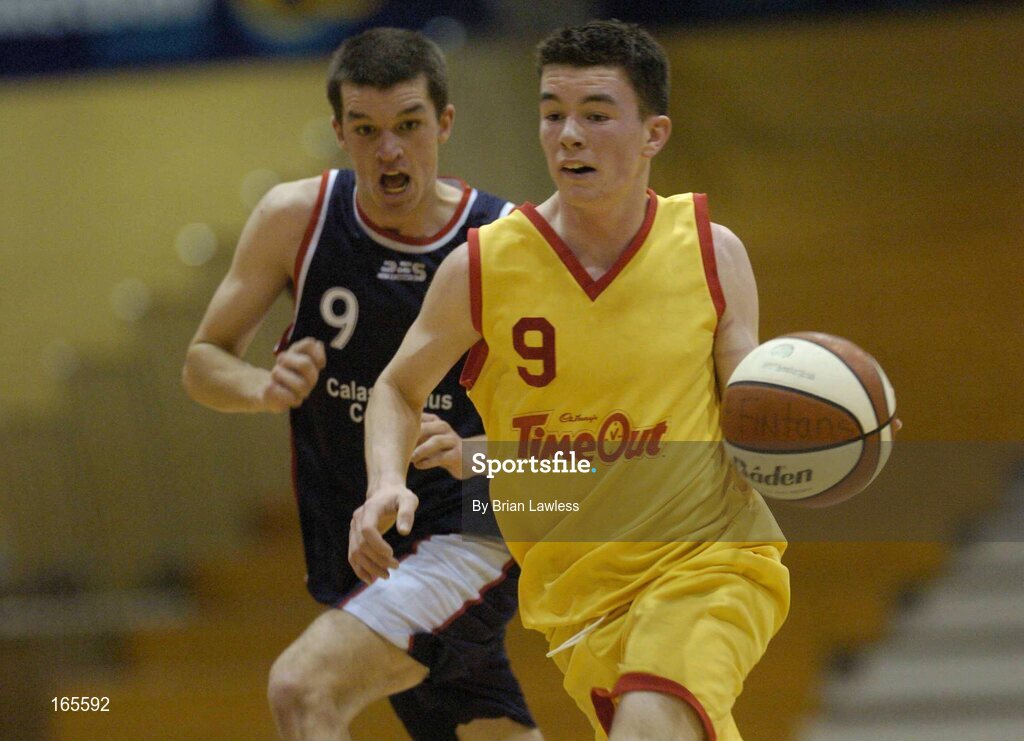 3 February 2005; Michael Chubb, St. Fintan's, Sutton, in action against Liam Rockall, Calasanctius, Oranmore. All-Ireland Schools Cup, U19 A Boys Final, St. Fintan's, Sutton, Dublin v Calasanctius, Oranmore, Galway, National Basketball Arena, Tallaght, Dublin. Picture credit; Brian Lawless / SPORTSFILE