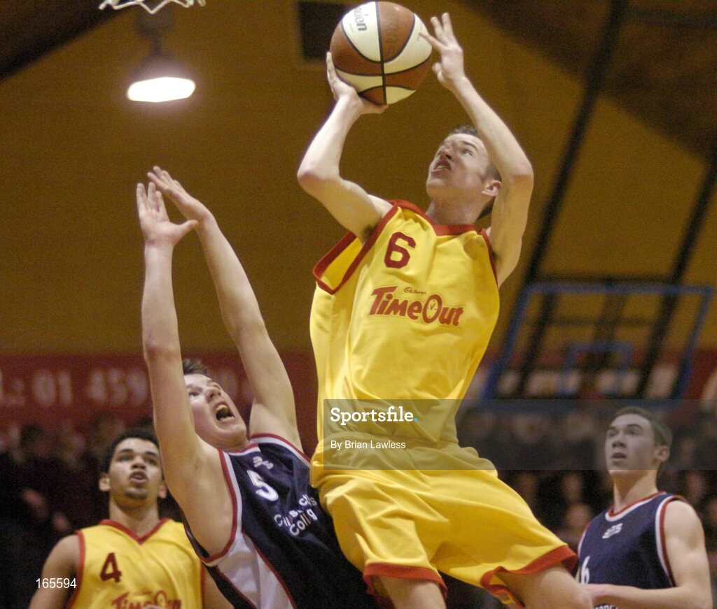 3 February 2005; Darren O'Moore, St. Fintan's, Sutton, in action against Peter Finn, Calasanctius, Oranmore. All-Ireland Schools Cup, U19 A Boys Final, St. Fintan's, Sutton, Dublin v Calasanctius, Oranmore, Galway, National Basketball Arena, Tallaght, Dublin. Picture credit; Brian Lawless / SPORTSFILE