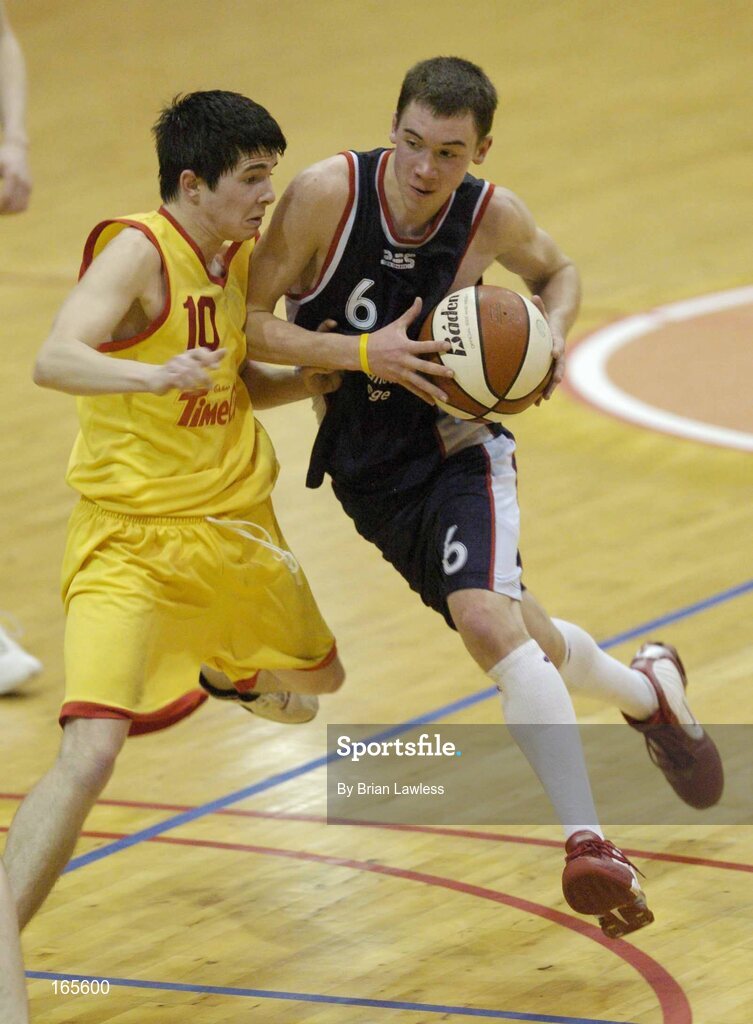3 February 2005; Danny Finn, Calasanctius, Oranmore, in action against, Erin Grace, St. Fintan's, Sutton. All-Ireland Schools Cup, U19 A Boys Final, St. Fintan's, Sutton, Dublin v Calasanctius, Oranmore, Galway, National Basketball Arena, Tallaght, Dublin. Picture credit; Brian Lawless / SPORTSFILE