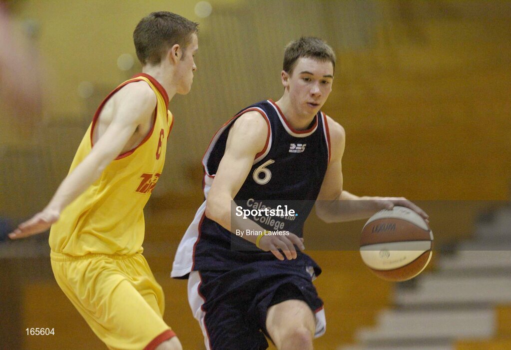 3 February 2005; Danny Finn, Calasanctius, Oranmore, in action against, Darren O'Moore, St. Fintan's, Sutton. All-Ireland Schools Cup, U19 A Boys Final, St. Fintan's, Sutton, Dublin v Calasanctius, Oranmore, Galway, National Basketball Arena, Tallaght, Dublin. Picture credit; Brian Lawless / SPORTSFILE