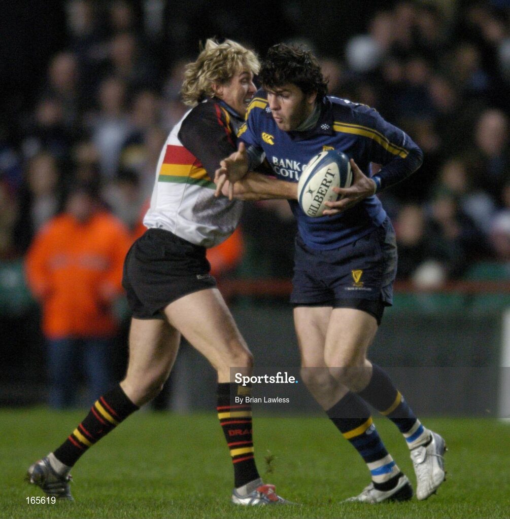 30 January 2005; Shane Horgan, Leinster, in action against Percy Montgomery, The Dragons. Celtic League 2004-2005, Pool 1, Leinster v The Dragons, Lansdowne Road, Dublin. Picture credit; Brian Lawless / SPORTSFILE