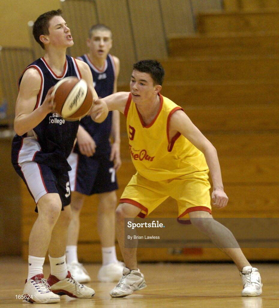 3 February 2005; Peter Finn, Calasanctius, Oranmore, in action against, Michael Chubb, St. Fintan's, Sutton. All-Ireland Schools Cup, U19 A Boys Final, St. Fintan's, Sutton, Dublin v Calasanctius, Oranmore, Galway, National Basketball Arena, Tallaght, Dublin. Picture credit; Brian Lawless / SPORTSFILE