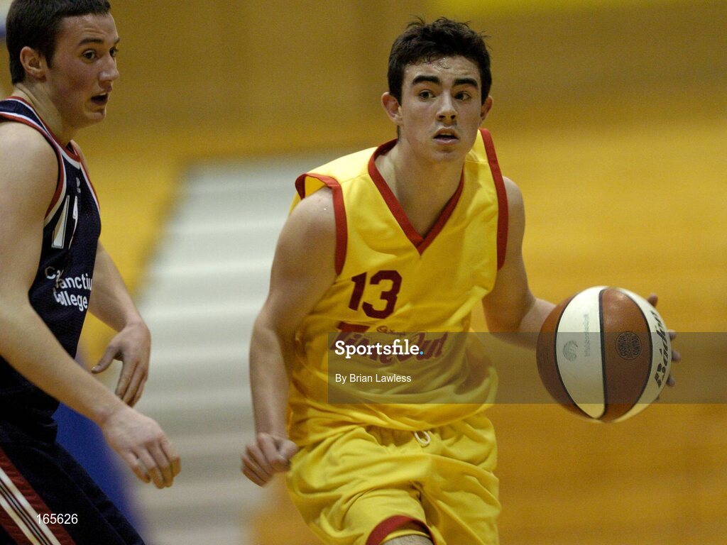 3 February 2005; Eoin Chubb, St. Fintan's, Sutton, in action against Conor Leydon, Calasanctius, Oranmore. All-Ireland Schools Cup, U19 A Boys Final, St. Fintan's, Sutton, Dublin v Calasanctius, Oranmore, Galway, National Basketball Arena, Tallaght, Dublin. Picture credit; Brian Lawless / SPORTSFILE