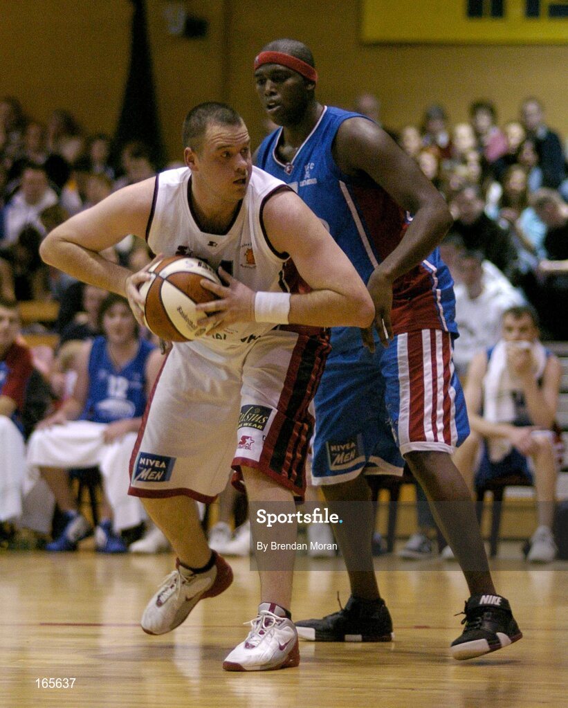 29 January 2005; Micheal Quirke, Abrakebabra Tigers, Tralee, in action against Glen Worley, Mardyke UCC Demons. National Cup, Senior Men's Semi-Final, Mardyke UCC Demons v Abrakebabra Tigers, Tralee, ESB Arena, Tallaght, Dublin. Picture credit; Brendan Moran / SPORTSFILE