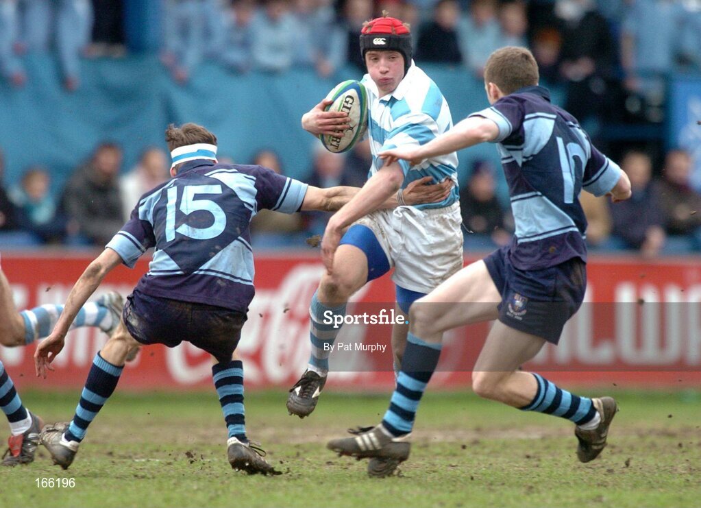 9 February 2005; Luke Fitzgerald, Blackrock College, is tackled by Michael Towmey, (15) and Andrew Cummiskey, (10) , St. Michaels'. Leinster Schools Rugby Cup, Quarter Final, Blackrock College v St. Michaels, Donnybrook, Dublin. Picture credit; Pat Murphy / SPORTSFILE