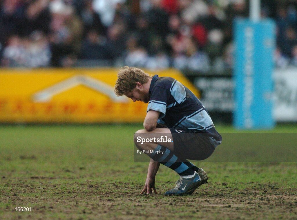 9 February 2005; Patrick Brophy, St. Michaels, shows his dissapointment after defeat to Blackrock College. Leinster Schools Rugby Cup, Quarter Final, Blackrock College v St. Michaels, Donnybrook, Dublin. Picture credit; Pat Murphy / SPORTSFILE