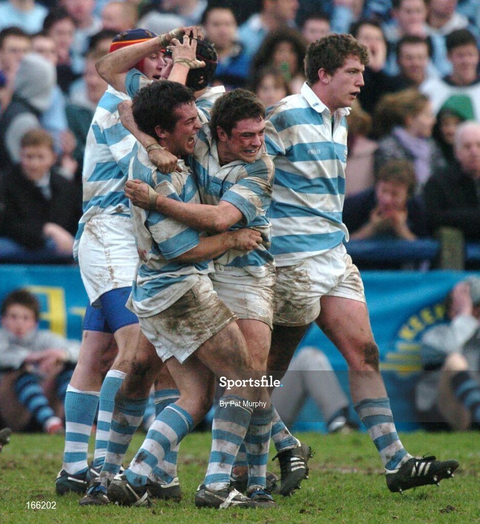 9 February 2005; Blackrock College players celebrate victory over St Michaels following the Leinster Schools Rugby Cup Quarter-Final match between Blackrock College and St Michaels at Donnybrook in Dublin. Photo by Pat Murphy/Sportsfile