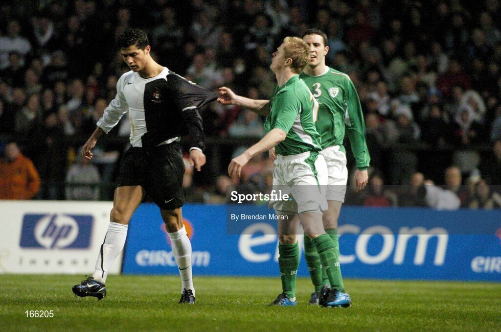 9 February 2005; Damien Duff, Republic of Ireland, in action against Cristiano Ronaldo, Portugal. International Friendly, Republic of Ireland v Portugal, Lansdowne Road, Dublin. Picture credit; Brendan Moran / SPORTSFILE