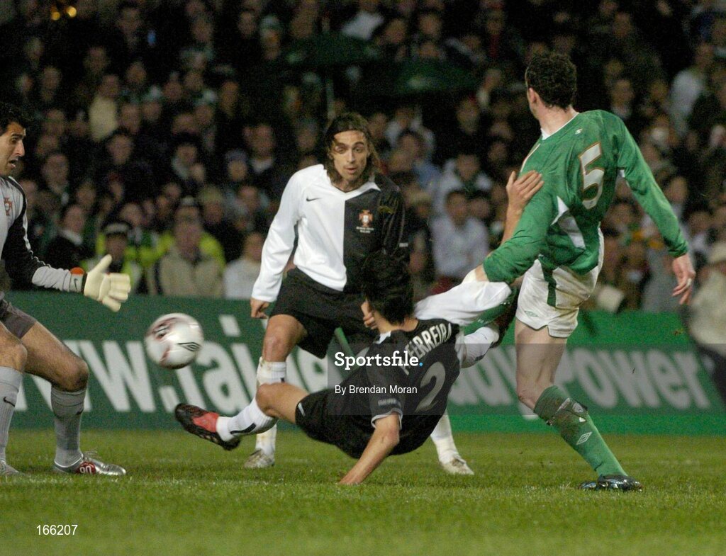 9 February 2005; Andy O'Brien (5), Republic of Ireland, scores his sides first goal against Portugal. International Friendly, Republic of Ireland v Portugal, Lansdowne Road, Dublin. Picture credit; Brendan Moran / SPORTSFILE
