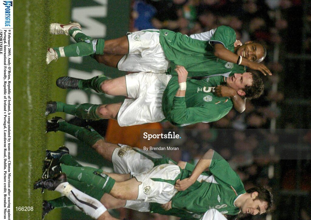 9 February 2005; Andy O'Brien, Republic of Ireland, is congratulated by team-mate Clinton Morrison after scoring against Portugal. International Friendly, Republic of Ireland v Portugal, Lansdowne Road, Dublin. Picture credit; Brendan Moran / SPORTSFILE