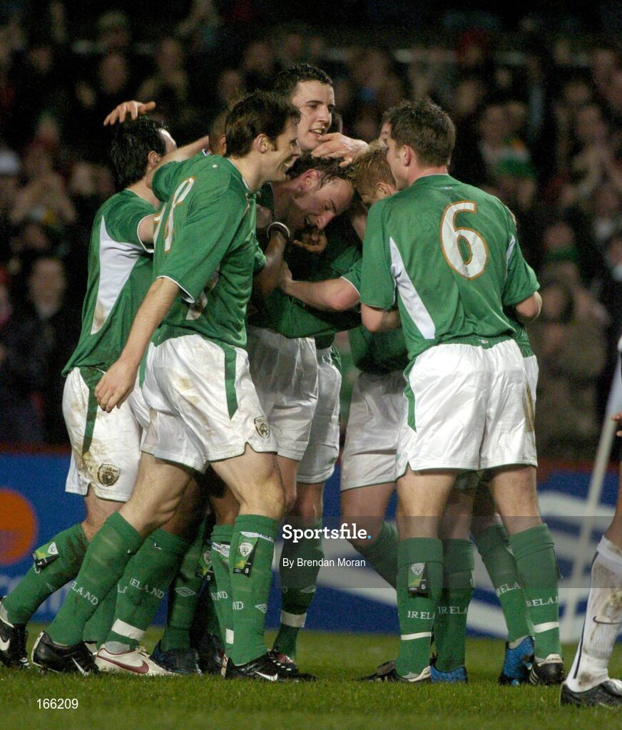 9 February 2005; Andy O'Brien, centre, Republic of Ireland, is congratulated by his team-mates after scoring against Portugal. International Friendly, Republic of Ireland v Portugal, Lansdowne Road, Dublin. Picture credit; Brendan Moran / SPORTSFILE