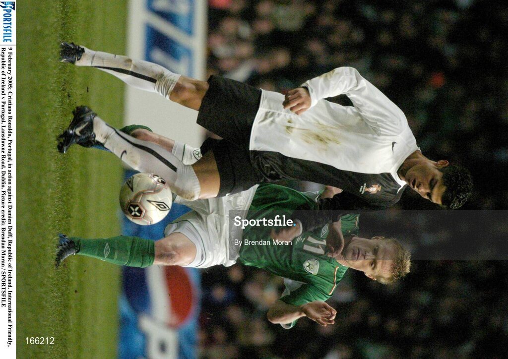 9 February 2005; Cristiano Ronaldo, Portugal, in action against Damien Duff, Republic of Ireland. International Friendly, Republic of Ireland v Portugal, Lansdowne Road, Dublin. Picture credit; Brendan Moran / SPORTSFILE