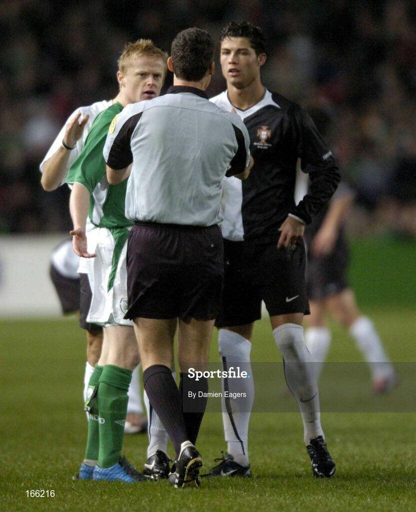 9 February 2005; Damien Duff, Republic of Ireland, and Christiano Ronaldo, Portugal, are spoken to by referee  Matt Messias. International Friendly, Republic of Ireland v Portugal, Lansdowne Road, Dublin. Picture credit; Damien Eagers / SPORTSFILE