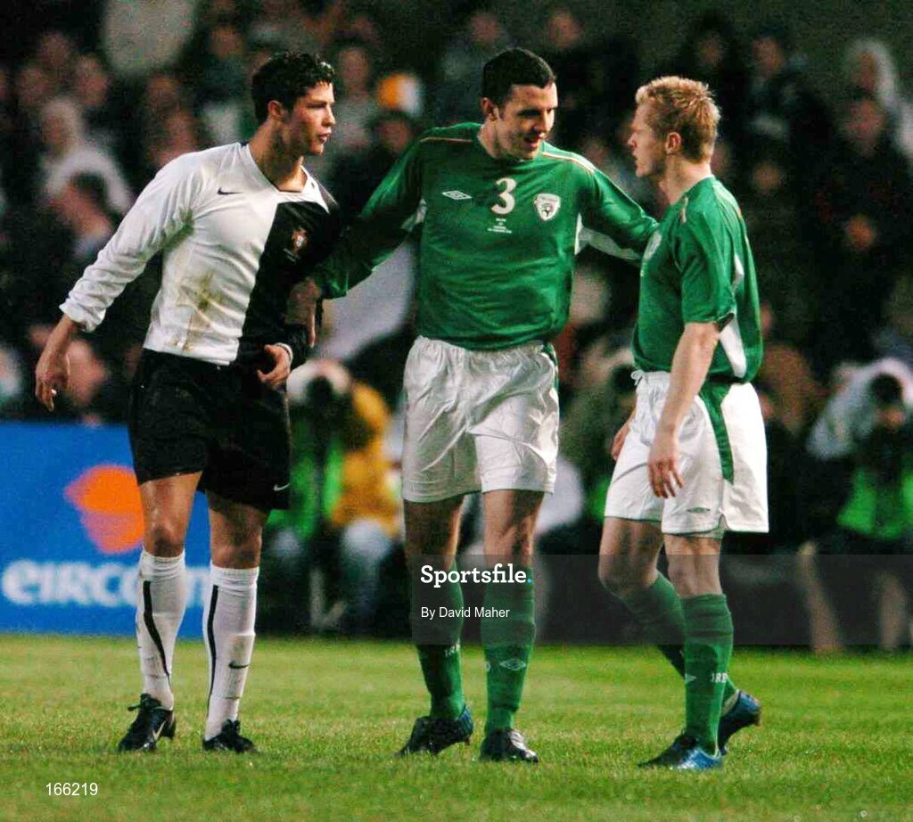9 February 2005; John O'Shea, centre, Republic of Ireland, seperates his team-mate Damien Duff, and Ronaldo, Portugal. International Friendly, Republic of Ireland v Portugal, Lansdowne Road, Dublin. Picture credit; David Maher / SPORTSFILE