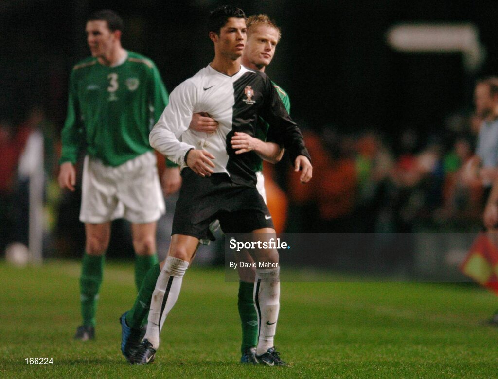 9 February 2005; Damien Duff, Republic of Ireland, holds Cristiano Ronaldo, Portugal. International Friendly, Republic of Ireland v Portugal, Lansdowne Road, Dublin. Picture credit; David Maher / SPORTSFILE