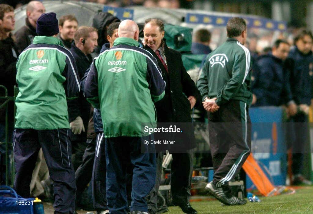 9 February 2005; A delighted Brian Kerr, right, Republic of Ireland manager, with assistant coach Noel O'Reilly, after victory over Portugal. International Friendly, Republic of Ireland v Portugal, Lansdowne Road, Dublin. Picture credit; David Maher / SPORTSFILE