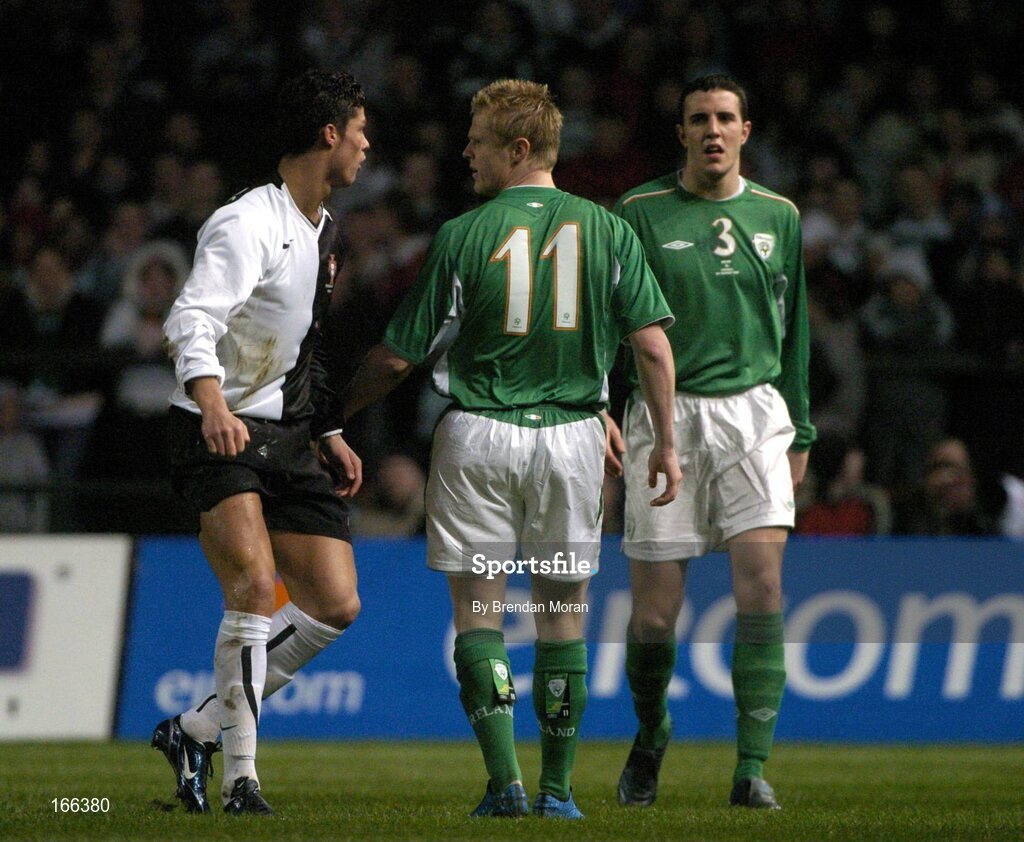 9 February 2005; Damien Duff, Republic of Ireland, exchanges words with Cristiano Ronaldo, Portugal. International Friendly, Republic of Ireland v Portugal, Lansdowne Road, Dublin. Picture credit; Brendan Moran / SPORTSFILE