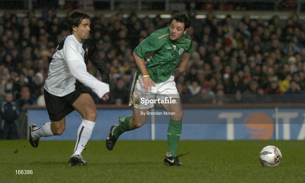 9 February 2005; Andy Reid, Republic of Ireland, in action against Deco, Portugal. International Friendly, Republic of Ireland v Portugal, Lansdowne Road, Dublin. Picture credit; Brendan Moran / SPORTSFILE