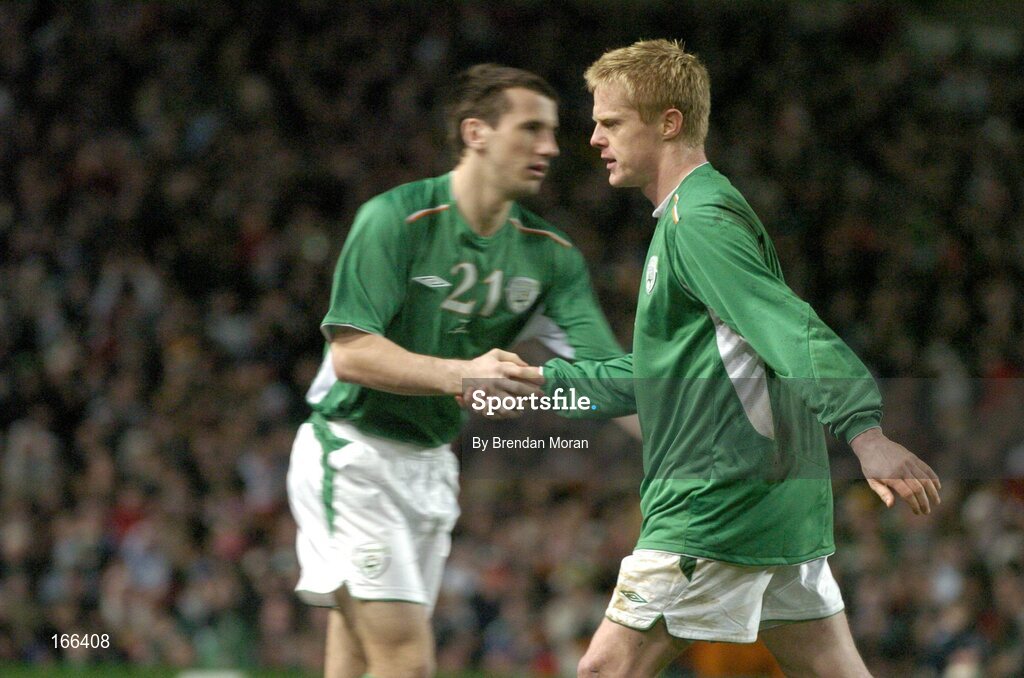 9 February 2005; Damien Duff, Republic of Ireland, leaves the field on being substituted by team-mate Liam Miller. International Friendly, Republic of Ireland v Portugal, Lansdowne Road, Dublin. Picture credit; Brendan Moran / SPORTSFILE