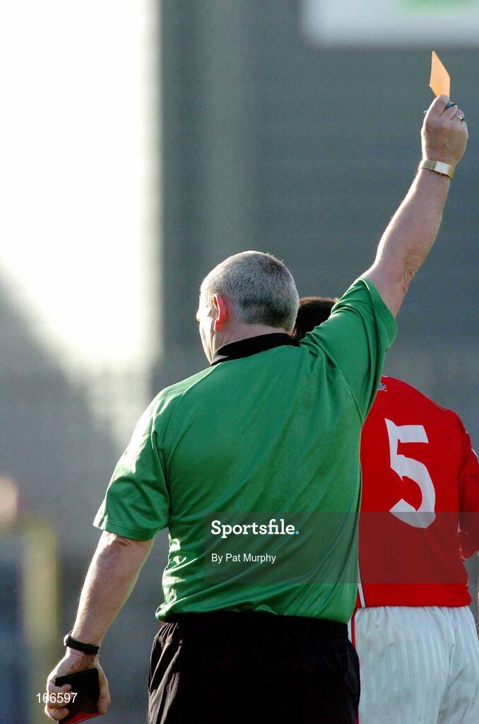13 February 2005; Noel O'Laoire, 5, Cork, is sent to the sin-bin by referee Hauile Beirne. Allianz National Football League, Division 1A, Westmeath v Cork, Cusack Park, Mullingar, Co. Westmeath. Picture credit; Pat Murphy / SPORTSFILE