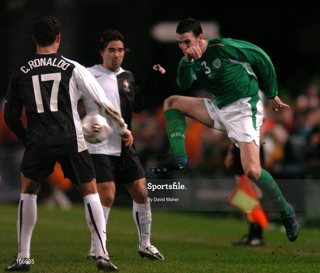 9 February 2005; John O'Shea, Republic of Ireland, in action against Cristiano Ronaldo, left, and Deco, Portugal. International Friendly, Republic of Ireland v Portugal, Lansdowne Road, Dublin. Picture credit; David Maher / SPORTSFILE