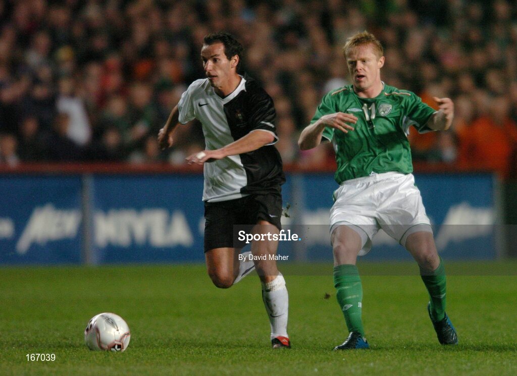 9 February 2005; Petit, Portugal, in action against Damien Duff, Republic of Ireland. International Friendly, Republic of Ireland v Portugal, Lansdowne Road, Dublin. Picture credit; David Maher / SPORTSFILE