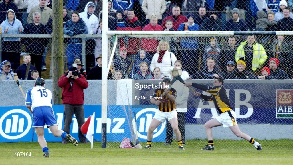 20 February 2005; James McGarry, Kilkenny goalkeeper, saves a penalty from Paul Flynn, 15, Waterford. 2005 Allianz National Hurling League, Division 1A, Waterford v Kilkenny, Walsh Park, Waterford. Picture credit; Matt Browne / SPORTSFILE