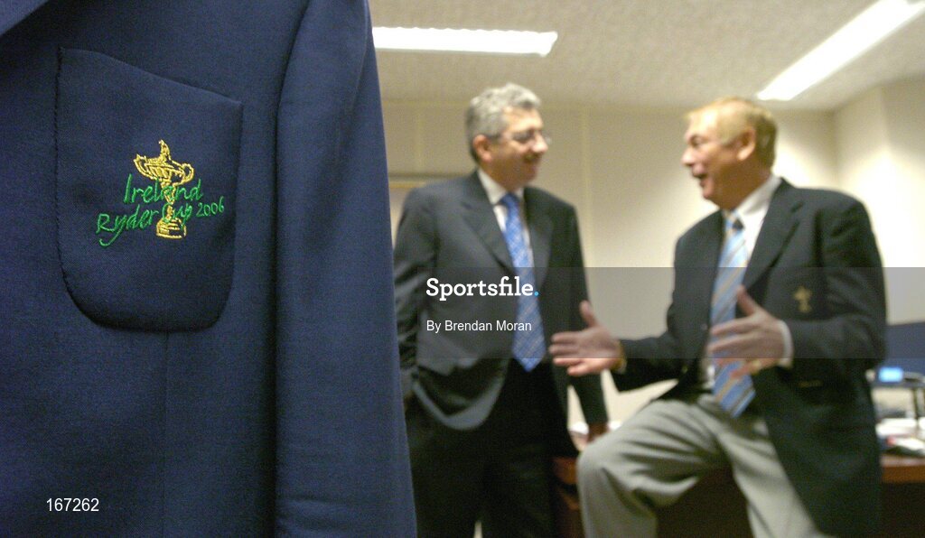 21 February 2005; AIB, one of the partners in Ireland's successful bid to bring the Ryder Cup to Ireland in 2006, has strengthened its Ryder Cup links by signing Christy O'Connor Jnr to be their Ryder Cup ambassador up to, and including, the event in September 2006. In conversation with Christy is Billy Andrews of AIB. AIB Bankcentre, Ballsbridge, Dublin. Picture credit; Brendan Moran / SPORTSFILE