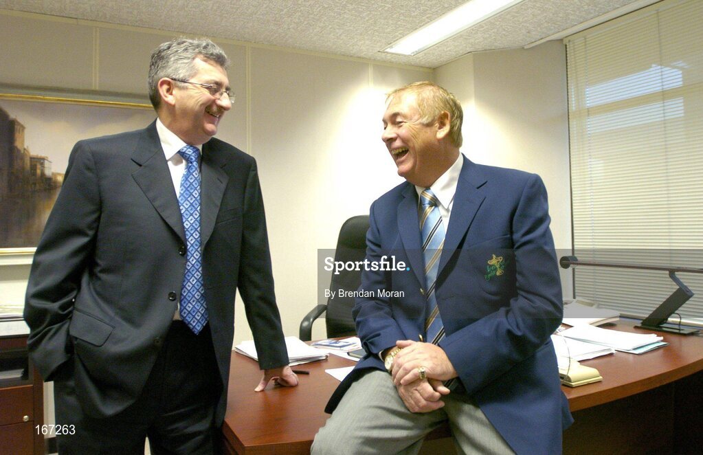 21 February 2005; AIB, one of the partners in Ireland's successful bid to bring the Ryder Cup to Ireland in 2006, has strengthened its Ryder Cup links by signing Christy O'Connor Jnr to be their Ryder Cup ambassador up to and including the event in September 2006. In conversation with Christy is Billy Andrews of AIB. AIB Bankcentre, Ballsbridge, Dublin. Picture credit; Brendan Moran / SPORTSFILE