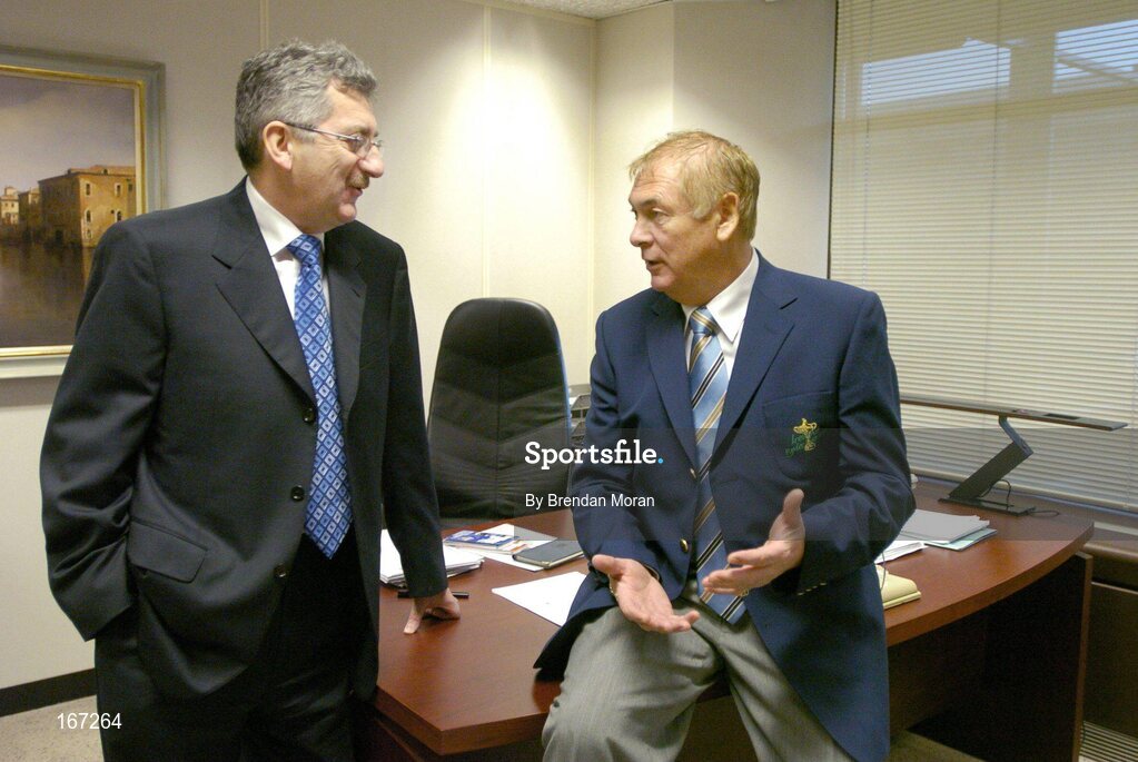 21 February 2005; AIB, one of the partners in Ireland's successful bid to bring the Ryder Cup to Ireland in 2006, has strengthened its Ryder Cup links by signing Christy O'Connor Jnr to be their Ryder Cup ambassador up to and including the event in September 2006. In conversation with Christy is Billy Andrews of AIB. AIB Bankcentre, Ballsbridge, Dublin. Picture credit; Brendan Moran / SPORTSFILE
