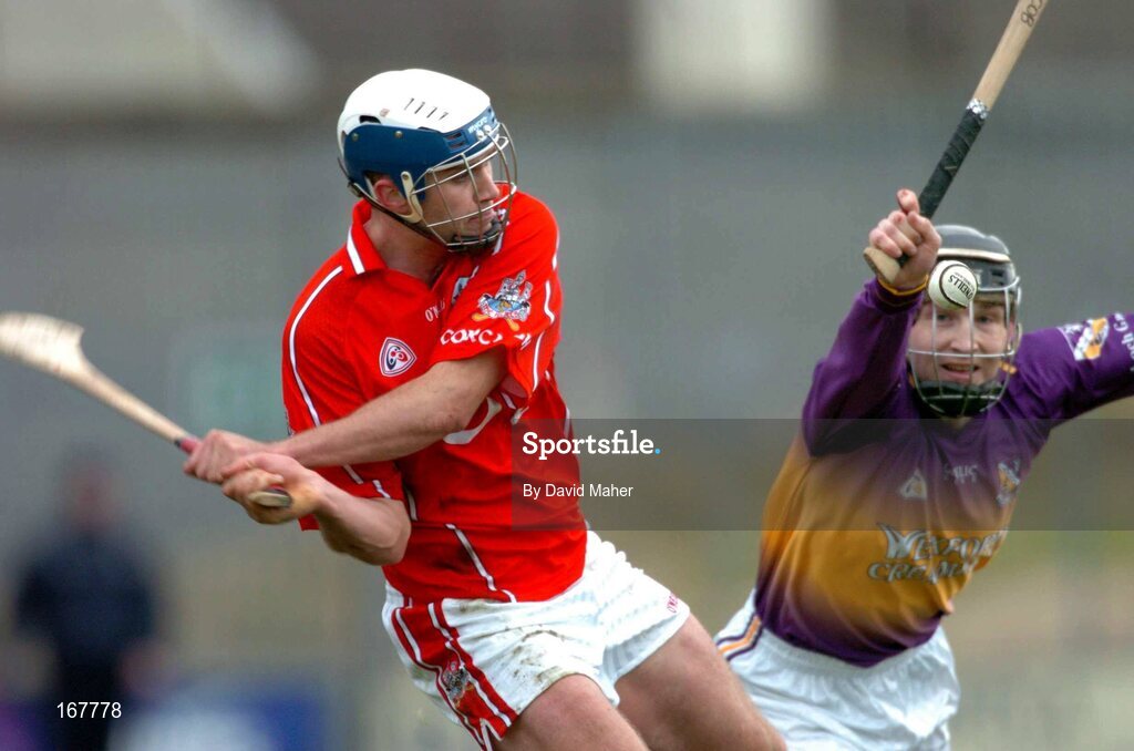 27 February 2005; Garvan McCarthy, Cork, in action against Eoin Quigley, Wexford. Allianz National Hurling League, Division 1B, Wexford v Cork, Wexford Park, Wexford. Picture credit; David Maher / SPORTSFILE