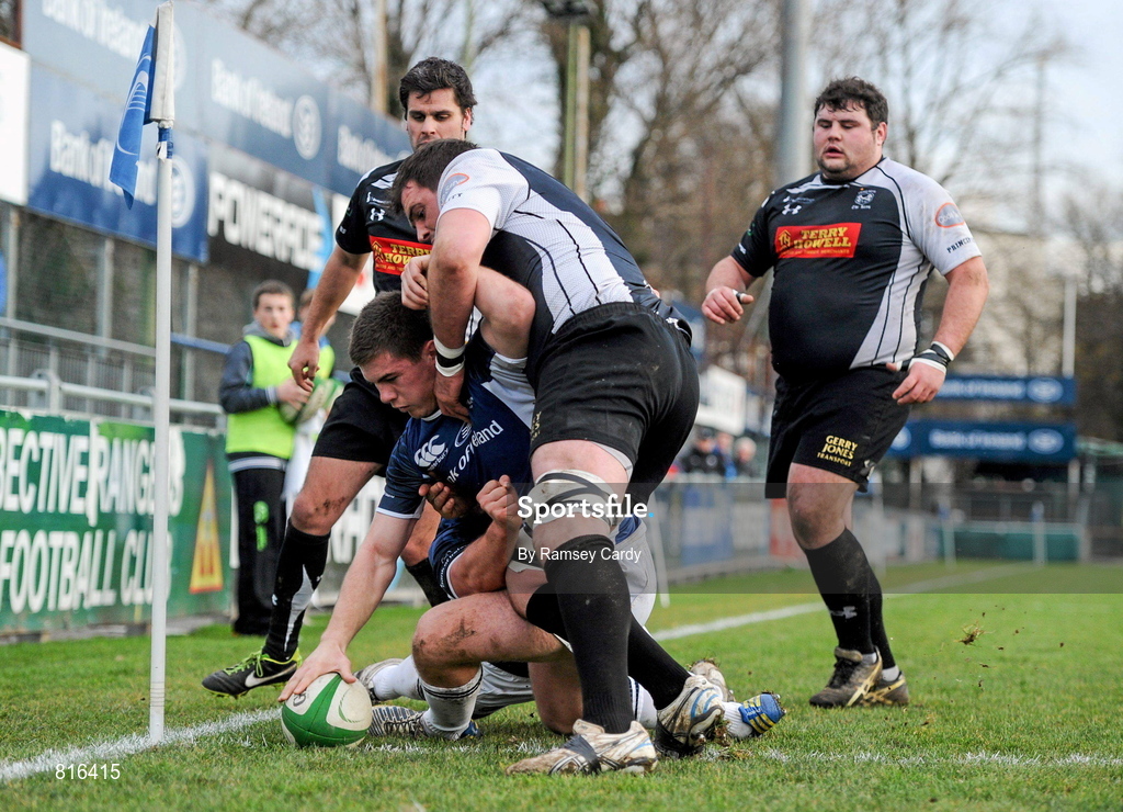 7 December 2013; Luke McGrath, Leinster 'A', scores his sides first try of the game against Cross Keys. British & Irish Cup, Leinster 'A' v Cross Keys, Donnybrook Stadium, Donnybrook, Dublin. Picture credit: Ramsey Cardy / SPORTSFILE