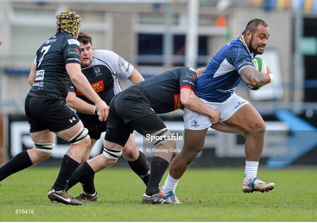 7 December 2013; Leo Auva'a, Leinster 'A', is tackled by Jevon Groves, Cross Keys. British & Irish Cup, Leinster 'A' v Cross Keys, Donnybrook Stadium, Donnybrook, Dublin. Picture credit: Ramsey Cardy / SPORTSFILE