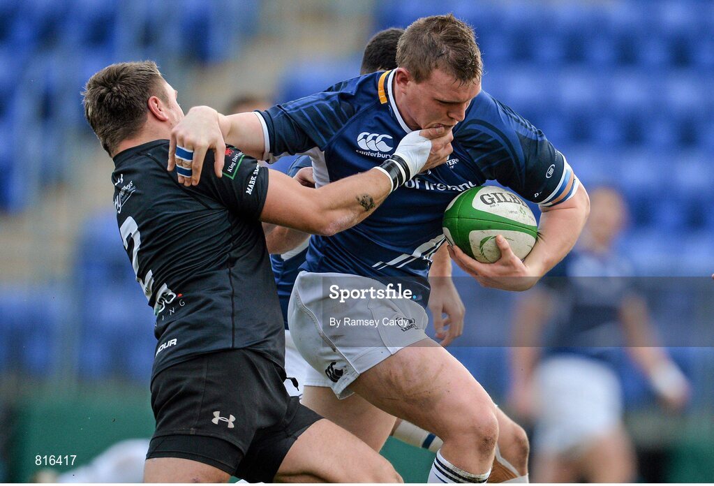 7 December 2013; Jack O'Connell, Leinster 'A', is tackled by Gerwyn Price, Cross Keys. British & Irish Cup, Leinster 'A' v Cross Keys, Donnybrook Stadium, Donnybrook, Dublin. Picture credit: Ramsey Cardy / SPORTSFILE